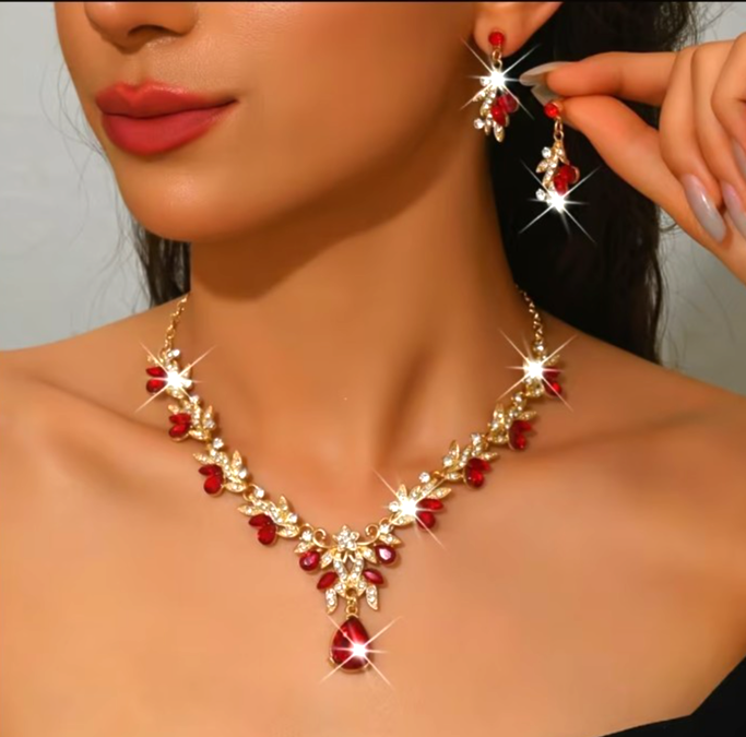 Vintage Gold Red Crystal Statement Necklace Earrings Set Costume Jewellery Gift