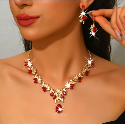 Vintage Gold Red Crystal Statement Necklace Earrings Set Costume Jewellery Gift