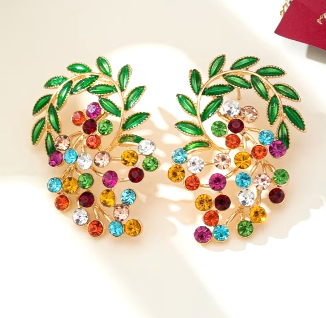 Gold Multi Colour Cluster Earrings Crystal Mori Leaf Drop Boho Festival Gift