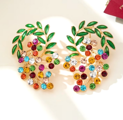 Gold Multi Colour Cluster Earrings Crystal Mori Leaf Drop Boho Festival Gift