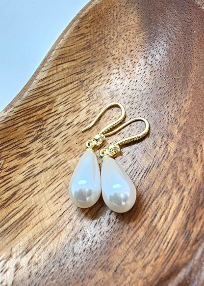 ​Gold Pearl Drop Earrings Teardrop Dangle Bridal Wedding Cream Faux Pearl Hooks