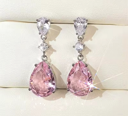 Pink Tear Drop Earrings Silver Crystal Dangle Pear Cut Bridal Wedding Prom Gift
