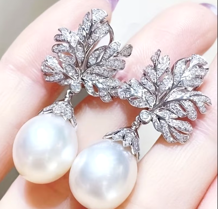 Fan Leaf Drop Earrings Imitation Pearl CZ Micro Pave Silver Tone Women Gift Brid