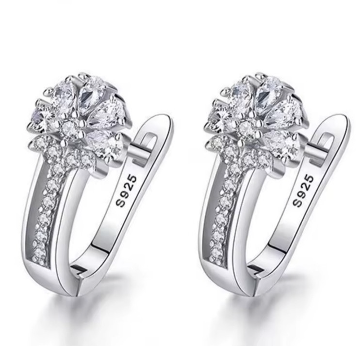 925 Sterling Silver Flower Hoop Earrings Cubic Zirconia Floral Dangle CZ Lever