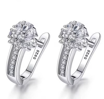 925 Sterling Silver Flower Hoop Earrings Cubic Zirconia Floral Dangle CZ Lever