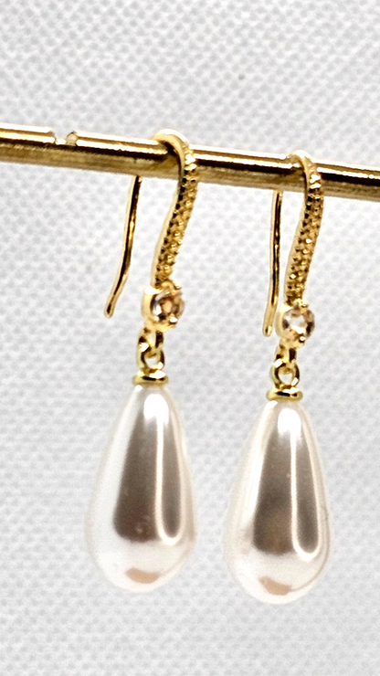 ​Gold Pearl Drop Earrings Teardrop Dangle Bridal Wedding Cream Faux Pearl Hooks