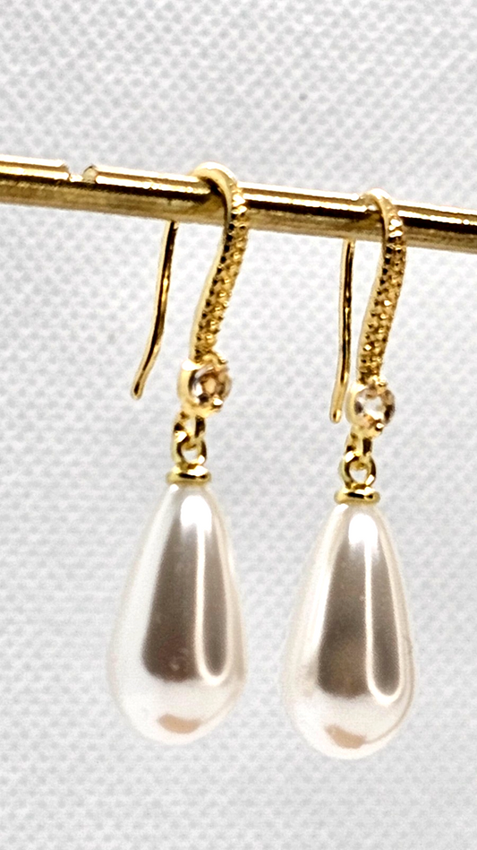 ​Gold Pearl Drop Earrings Teardrop Dangle Bridal Wedding Cream Faux Pearl Hooks