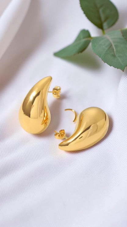 ​18K Gold Plated Stainless Steel Teardrop Earrings Chunky Vintage Stud 27 mm