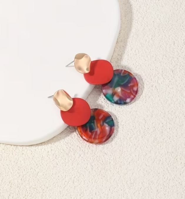 ​Gold Plated Acrylic Resin Drop Earrings Tortoiseshell Red Geometric Statement U