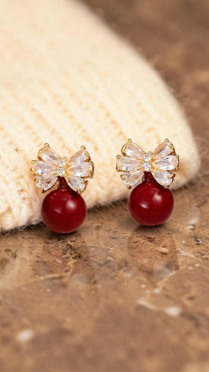 Gold Red Pearl Bow Drop Earrings Crystal Marquise Rhinestone Ribbon Studs Gift