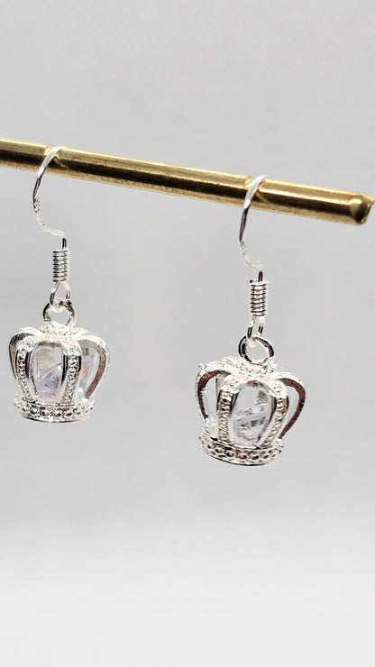 Silver Crown Drop Earrings • Sparkly Gemstone • Princess Style • Gift for Her