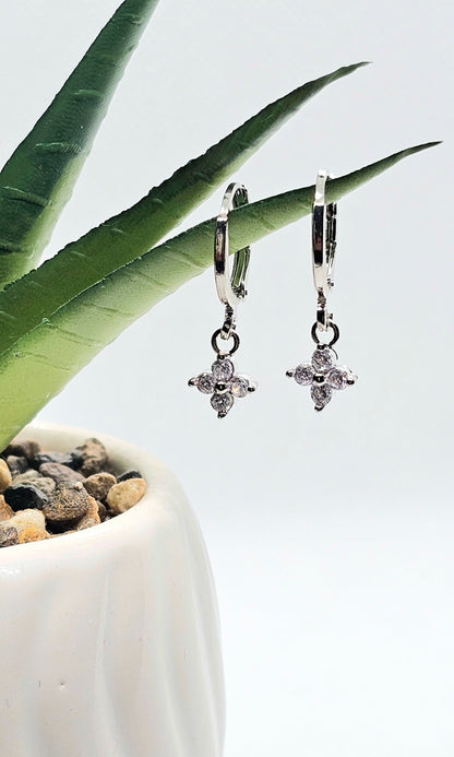 Silver Tone Flower Drop Hoop Earrings Crystal Dangle Floral Earrings Minimalist
