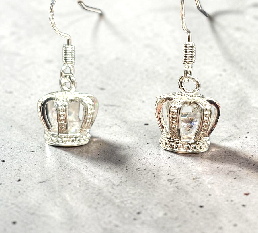 Silver Crown Drop Earrings • Sparkly Gemstone • Princess Style • Gift for Her
