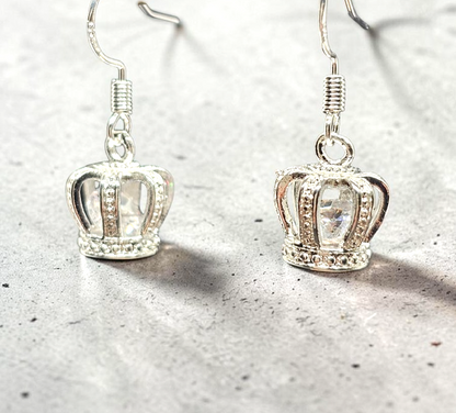 Silver Crown Drop Earrings • Sparkly Gemstone • Princess Style • Gift for Her