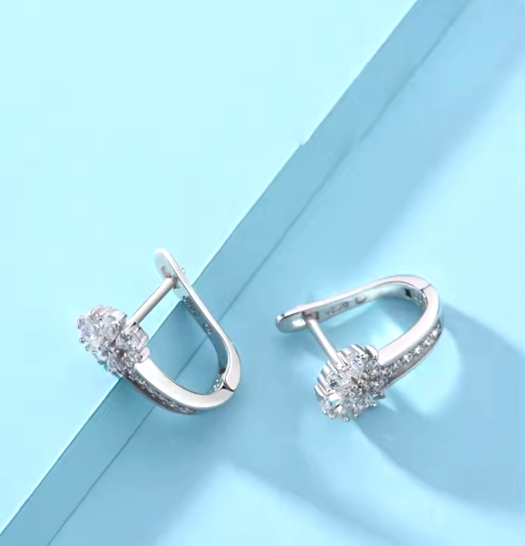 925 Sterling Silver Flower Hoop Earrings Cubic Zirconia Floral Dangle CZ Lever