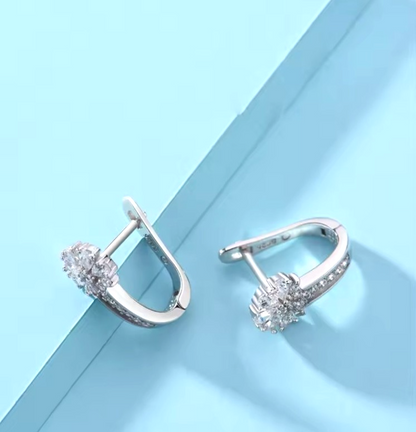 925 Sterling Silver Flower Hoop Earrings Cubic Zirconia Floral Dangle CZ Lever
