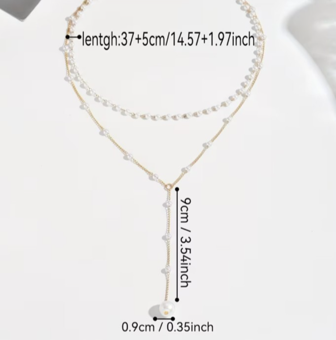 ​Gold Layered Pearl Choker Necklace Y Lariat Drop Tassel Pendant Long Chain Gift