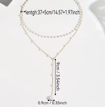 ​Gold Layered Pearl Choker Necklace Y Lariat Drop Tassel Pendant Long Chain Gift