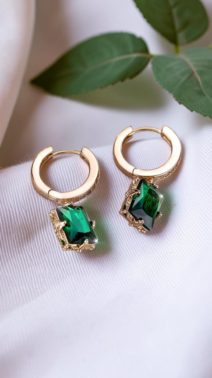 Gold Emerald Green Square Hoop Earrings CZ Pavé Huggie Cushion Drop Dangle UK