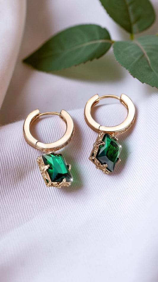 Gold Emerald Green Square Hoop Earrings CZ Pavé Huggie Cushion Drop Dangle UK