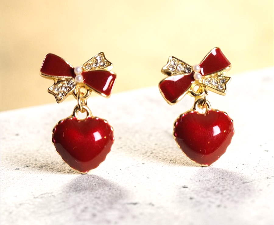 Romantic Red Heart Drop Earrings Gold Tone Bow Crystal Dangle Earrings Cute Gift