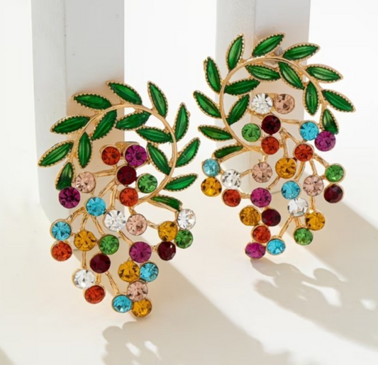 Gold Multi Colour Cluster Earrings Crystal Mori Leaf Drop Boho Festival Gift