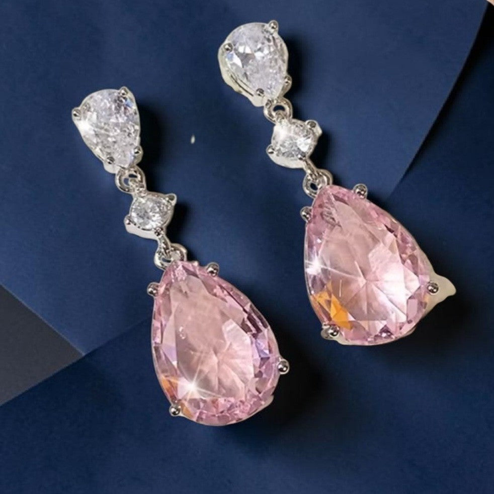 Pink Tear Drop Earrings Silver Crystal Dangle Pear Cut Bridal Wedding Prom Gift