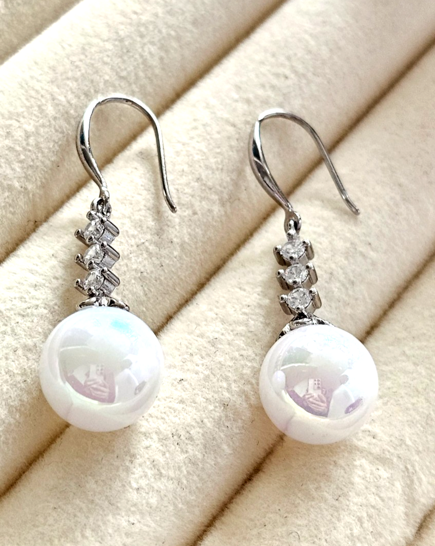 Silver Crystal Dangle White Pearl Drop Earrings Bridal Wedding Elegant Jewelry