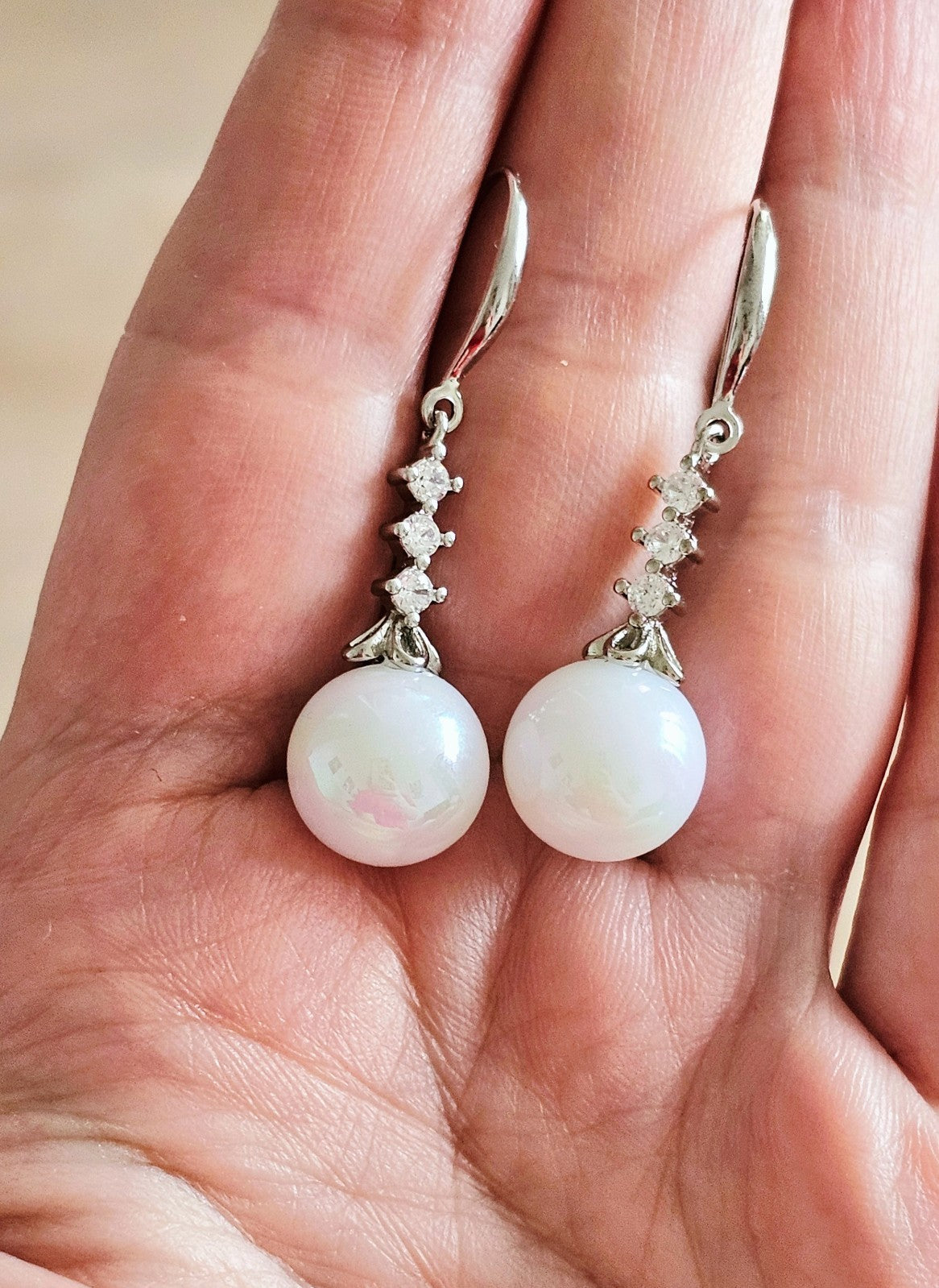 Silver Crystal Dangle White Pearl Drop Earrings Bridal Wedding Elegant Jewelry
