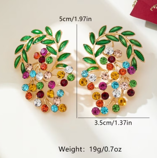 Gold Multi Colour Cluster Earrings Crystal Mori Leaf Drop Boho Festival Gift