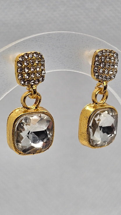 ​Gold Cushion Cut Drop Earrings Vintage Square Crystal Dangle Geometric Studs