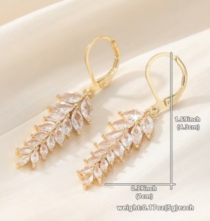 Gold Leaf Dangle Earrings Cubic Zirconia Marquise Drop Bridal Wedding Jewelry