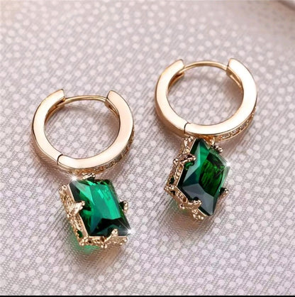 Gold Emerald Green Square Hoop Earrings CZ Pavé Huggie Cushion Drop Dangle UK