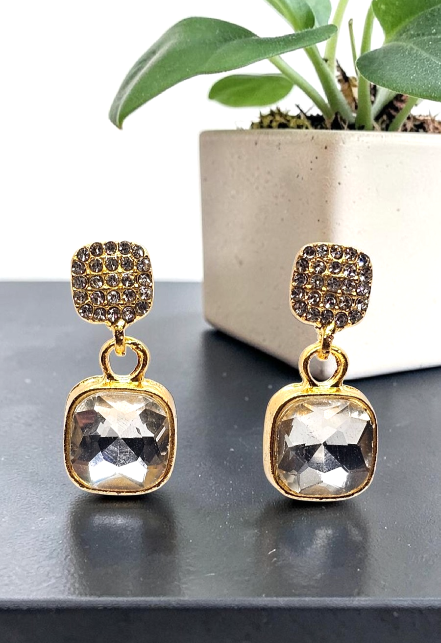 ​Gold Cushion Cut Drop Earrings Vintage Square Crystal Dangle Geometric Studs