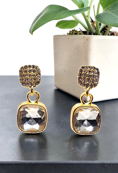 ​Gold Cushion Cut Drop Earrings Vintage Square Crystal Dangle Geometric Studs