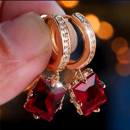 Gold Red Rectangle Hoop Earrings CZ Pavé Huggie Cushion Drop Dangle UK
