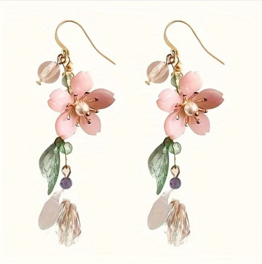 Cottagecore Pink Flower Drip Earrings | Romantic Sakura Blossom Statement Gift