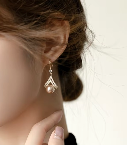 Gold Champagne Pearl Drop Earrings Crystal Geometric Dangle Bridal Banquet Gift