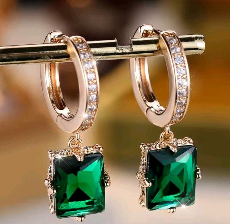 Gold Emerald Green Square Hoop Earrings CZ Pavé Huggie Cushion Drop Dangle UK