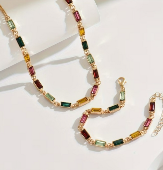 2Pcs Geometric Square Necklace Bracelet Set Colorful Rhinestone Summer Jewelry