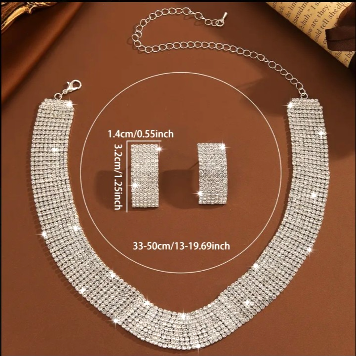 Silver tone sparkly Rhinestone Crystal Wide Choker Necklace &Earrings Set Bridal