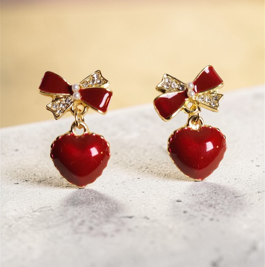 Red Heart Drop Earrings Gold Tone Bow Crystal Dangle Earrings Cute Romantic Gift