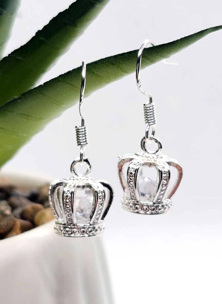 Silver Crown Drop Earrings • Sparkly Gemstone • Princess Style • Gift for Her