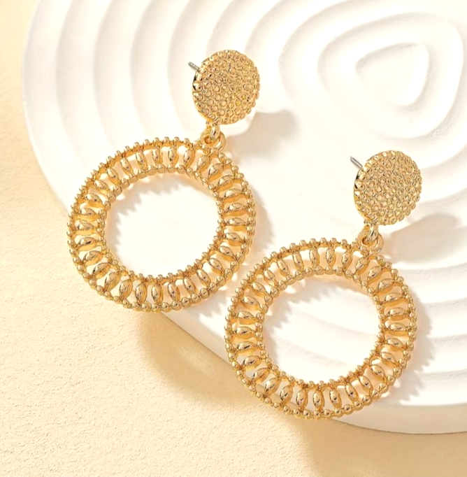 Gold Textured Hoop Earrings Large Hollow Round Dangle Geometric Statement Gift