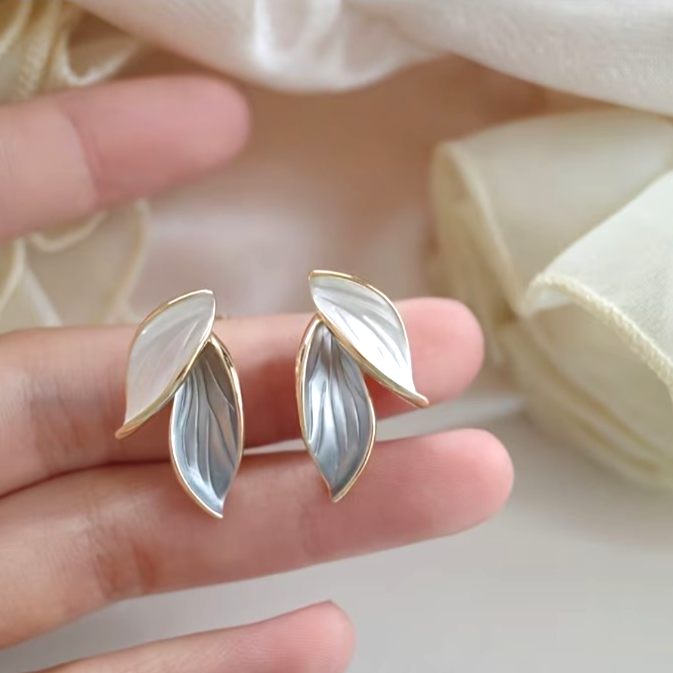 ​Gold Enamel Leaf Earrings Minimalist Contrasting Grey White Plant Studs Gift
