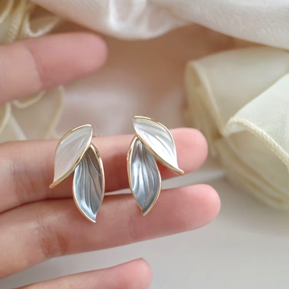 ​Gold Enamel Leaf Earrings Minimalist Contrasting Grey White Plant Studs Gift