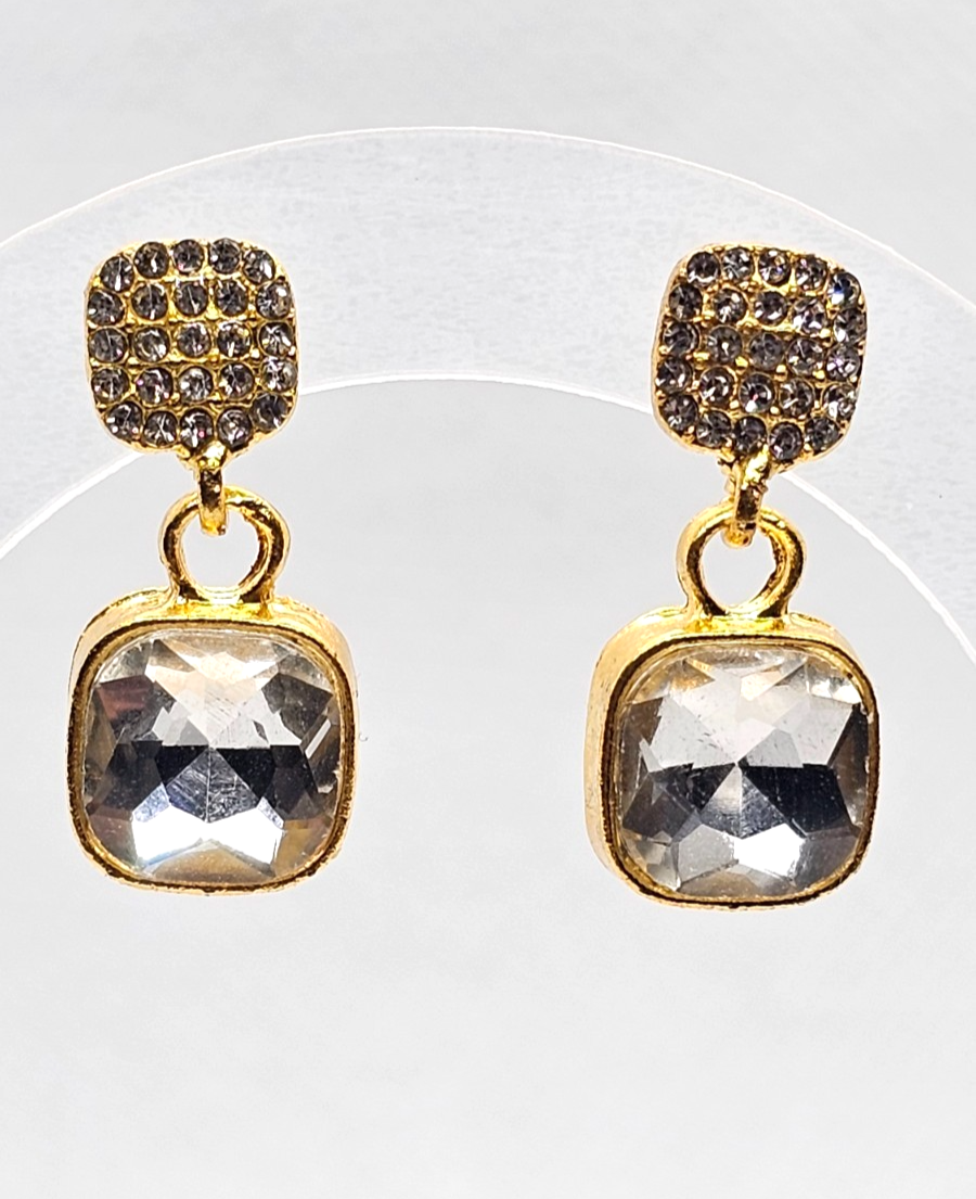 ​Gold Cushion Cut Drop Earrings Vintage Square Crystal Dangle Geometric Studs