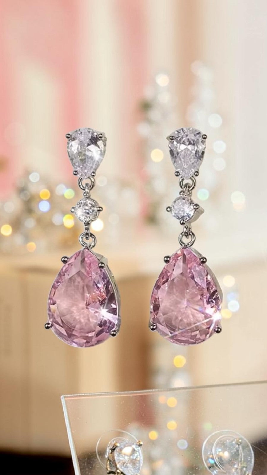 Pink Tear Drop Earrings Silver Crystal Dangle Pear Cut Bridal Wedding Prom Gift