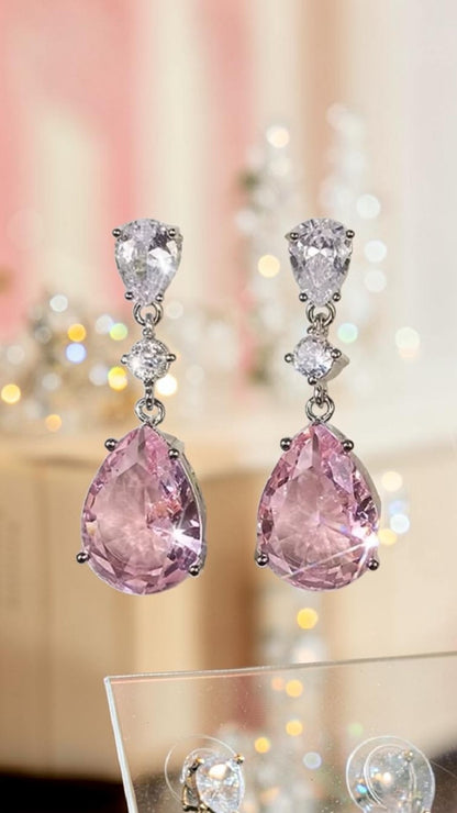 Pink Tear Drop Earrings Silver Crystal Dangle Pear Cut Bridal Wedding Prom Gift
