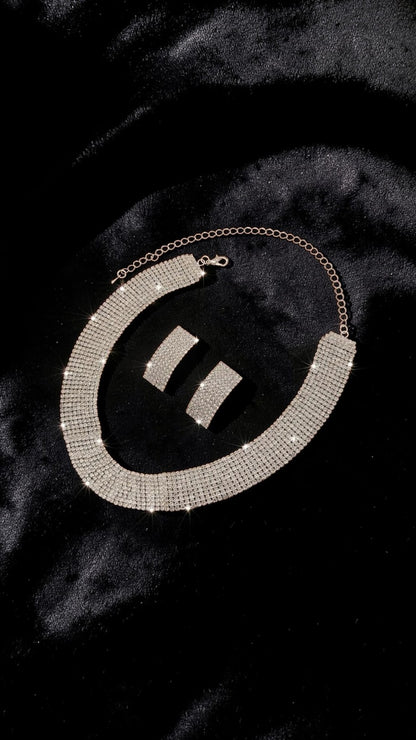Silver tone sparkly Rhinestone Crystal Wide Choker Necklace &Earrings Set Bridal